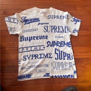 Supreme White Tee with Blue Logo Patterns